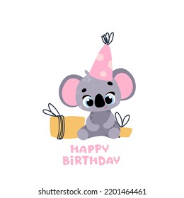 Cute koala in a party cap with gift. Vector print for children room, fabric, paper, greeting card, postcard, card, t shirt, poster, textile. Vector illustration. Happy birthday card. 