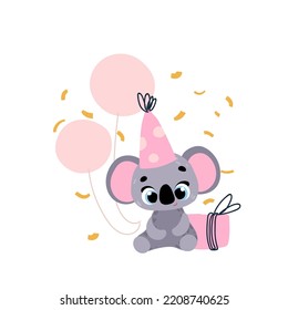 Cute koala in a party cap with gift. Vector print for children room, fabric, paper, greeting card, postcard, card, t shirt, poster, textile. Vector illustration. Happy birthday card. 