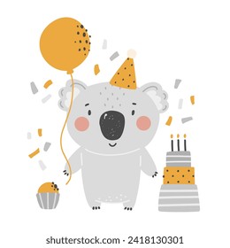 Cute koala in a party hat and with a balloon, children's birthday party, cake with candles. Cute vector animals.