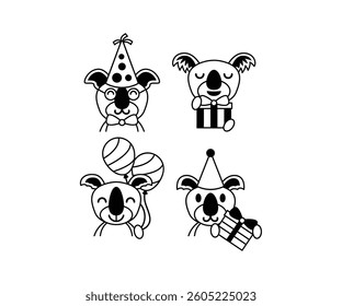 Cute Koala Party Icons Black and White Cartoon Illustrations Vector Design