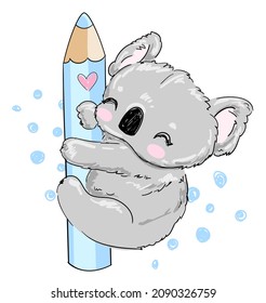 Cute koala and pencil vector illustration.