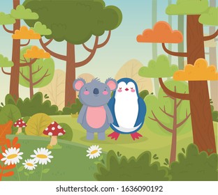 cute koala and penguin flowers mushroom and forest nature landscape vector illustration