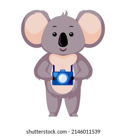 Cute koala photographer isolated on white background. Cartoon character hold camera. Design of funny animals sticker for showing emotion. Vector illustration