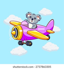 Cute Koala Pilot Flying an Airplane in the Sky Vector Illustration Cartoon Design Kawaii