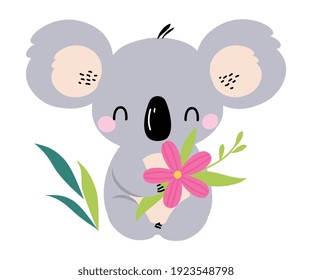 Cute Koala with Pink Flower, Lovely Australian Animal Cartoon Character Vector Illustration