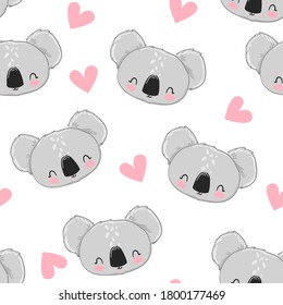 Cute Koala and pink heart on white background pattern seamless vector stock illustration fabric design.