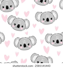 Cute Koala and pink heart on white background pattern seamless vector stock illustration fabric design.
