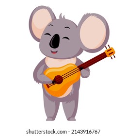 Cute Koala play in guitar isolated on white background. Cartoon character musican. Design of funny animals sticker for showing emotion. Vector illustration