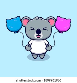 Cute Koala Playing With Balloon Mascot Cartoon Vector Illustration. 