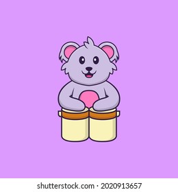 Cute koala is playing drums. Animal cartoon concept isolated. Can used for t-shirt, greeting card, invitation card or mascot.