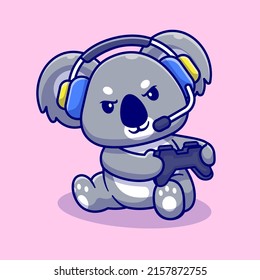 Cute Koala Playing Game With Headphone Cartoon Vector Icon Illustration. Animal Technology Icon Concept Isolated Premium Vector. Flat Cartoon Style