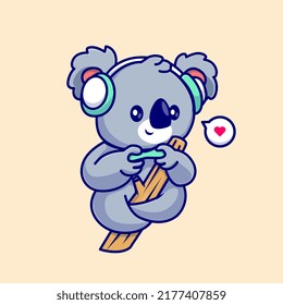 Cute Koala Playing Game On Tree Cartoon Vector Icon Illustration. Animal Technology Icon Concept Isolated Premium Vector. Flat Cartoon Style