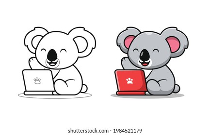 Cute koala playing laptop cartoon coloring pages for kids