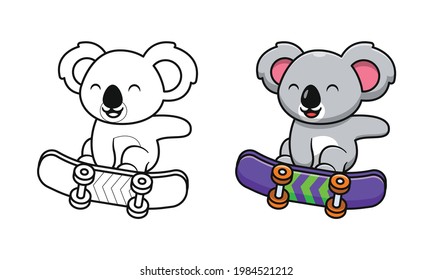 Cute koala playing skateboard cartoon coloring pages for kids