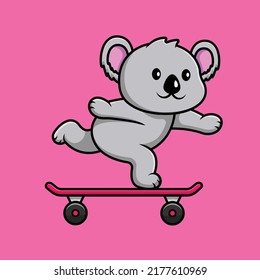 Cute Koala Playing Skateboard Cartoon Vector Icon Illustration. Animal Sport Icon Concept Isolated Premium Vector