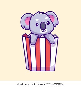 Cute Koala En Popcorn Box Cartoon Vector Ilustración Icono. Vector Premium Aislado De Icono De Alimentos Animales. Estilo de dibujo plano