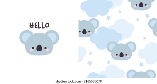 Cute koala poster set. Koala says hello. Seamless pattern with clouds, stars and koala. Print for baby clothes, nursery wallpapers, textiles.