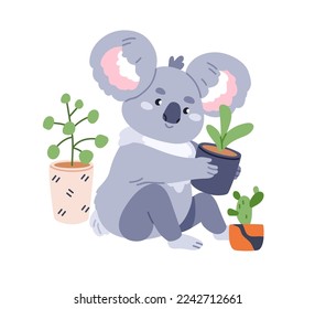 Cute koala with potted plants. Happy Australian bear with houseplants. Adorable baby animal, kawaii friendly child character. Childish kids flat vector illustration isolated on white background