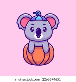Cute Koala In Pumpkin Halloween Cartoon Vector Icon Illustration. Animal Nature Icon Concept Isolated Premium Vector. Flat Cartoon Style
