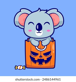 Cute Koala In Pumpkin Paper Bag Cartoon Vector Icon Illustration. Animal Holiday Icon Concept Isolated Premium Vector. Flat Cartoon Style