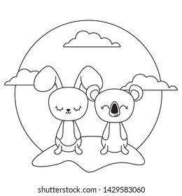 cute koala with rabbit in landscape
