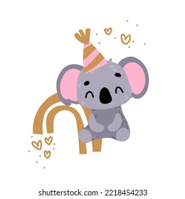 Cute koala and rainbow illustration in scandinavian style. Vector print for children room, fabric, paper, greeting card, postcard, card, t shirt, poster, textile. Vector illustration