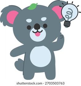 A cute koala raising one hand with a bright idea, showing creativity, excitement, positive expression, lightbulb symbol, and simple flat cartoon illustration style.