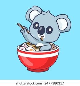 Cute Koala In Ramen Noodle With Chopstick Cartoon Vector Icon Illustration. Animal Food Icon Concept Isolated Premium Vector. Flat Cartoon Style