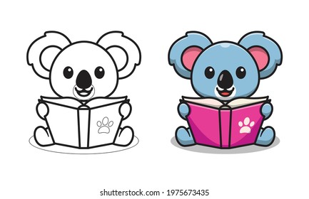 Cute koala reading book cartoon coloring pages