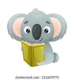 Cute koala reading book. Smart baby animal sitting and studying with book cartoon vector illustration