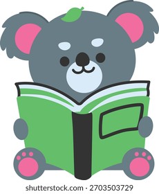 Um coala bonito lendo um livro, simbolizando o aprendizado, a educação, o foco, a atividade calma, o tema do conhecimento, e o estilo de ilustração de desenhos planos encantadores.
