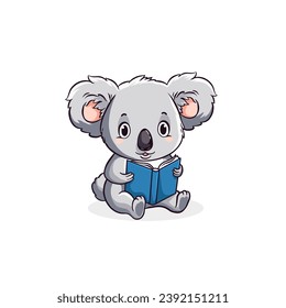 Cute koala reading book, vector hand drawn illustration, character design