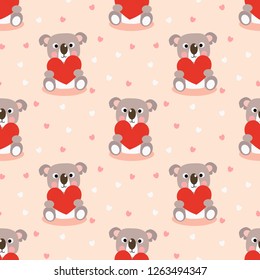 Cute koala and red heart seamless pattern. Lovely animal in Valentine concept.