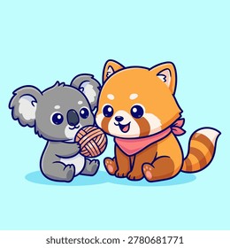 A cute koala and a red panda are playing together with a yarn ball, depicted in a charming cartoon vector illustration.
