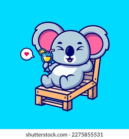 Cute Koala Relaxing On Bench and Drink Orange Juice Cartoon Vector Icon Illustration. Animal Holiday 
 Icon Concept Isolated Premium Vector. Flat Cartoon Style