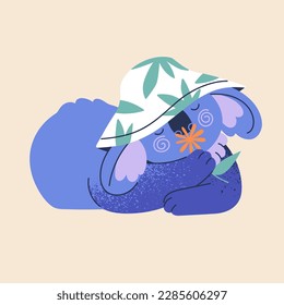 Cute koala relaxing in panama hat, smelling summer flower. Australian bear character resting, sleeping. Adorable amusing lovely animal dreaming. Childish kids flat vector illustration