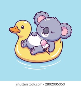 Cute Koala Resting on Yellow Duck Float Holding Ice Cream Cartoon Vector Illustration