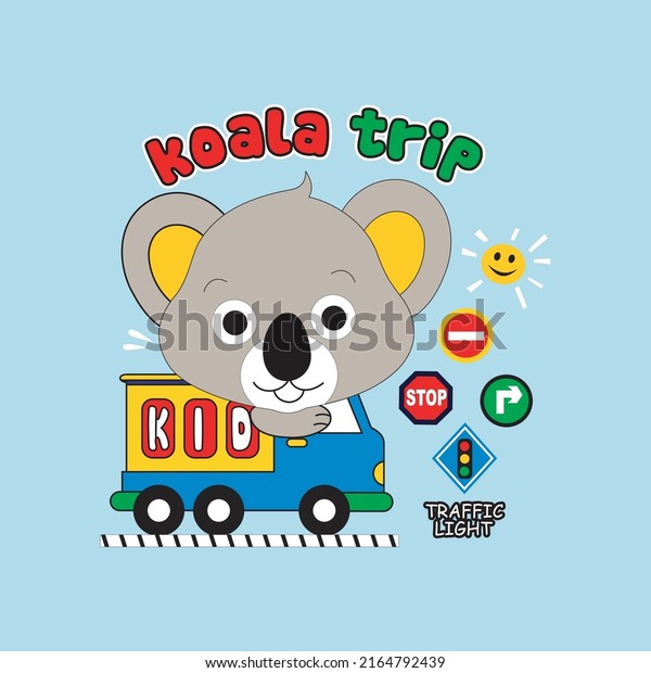 cute koala ride car design cartoon vector\
illustration for print