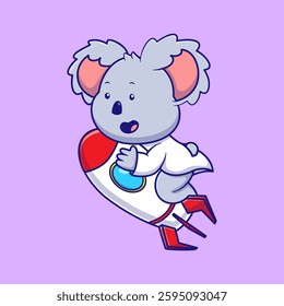 Cute Koala Ride a Rocket Cartoon Vector Illustration. Animal Technology Concept. Flat Cartoon Outline Style.