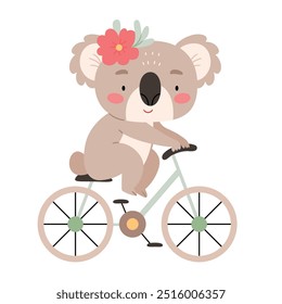 A cute koala rides a bicycle. Children's illustration in Scandinavian style in pastel colors.