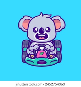 Cute Koala Riding Gocart Cartoon Vector Icon Illustration. Animal Sport Icon Concept Isolated Premium Vector. Flat Cartoon Style