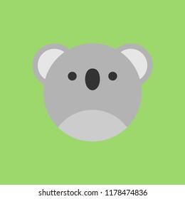 Cute koala round vector graphic icon. Koala bear animal head, face illustration. Isolated on green background.