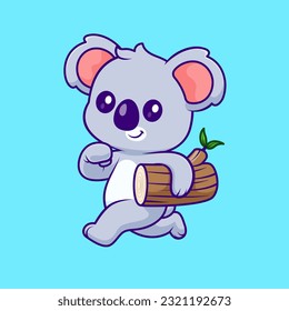 Cute Koala läuft mit Holzbaum Cartoon Vektorsymbol Illustration. Tiernatur-Symbol Konzept isolierter Premium-Vektorgrafik. Flachbildkartonstil