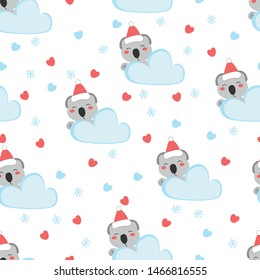 Cute koala in Santa hat with cloud, snowflake and heart hand drawn vector illustration. Baby graphic shower for kids t-shirt seamless pattern. Cartoon sky for fabric textile on white background.