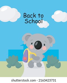 Cute Koala with School bag. Cartoon style. Vector illustration. For card, posters, banners, books, printing on the pack, printing on clothes, fabric, wallpaper, textile or dishes.