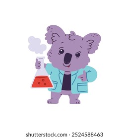 Lindo científico químico koala. Un animal feliz en una túnica sostiene un frasco con líquido rojo en la pata. Auxiliar de laboratorio. Investigador. Estilo de dibujos animados. Ilustración vectorial aislada sobre fondo blanco.