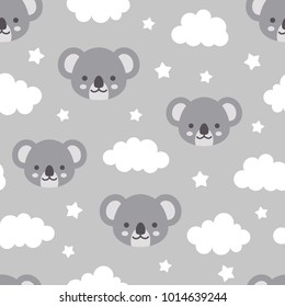 Cute Koala Seamless Pattern, Animal Background with Clouds for Kids