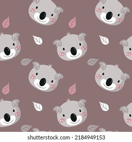 Cute koala seamless pattern, bear muzzle. Cartoon doodle vector illustration. Kid texture, background, wallpapers, leaves ornament. Childish design of wrapping paper, fabric, textile, print