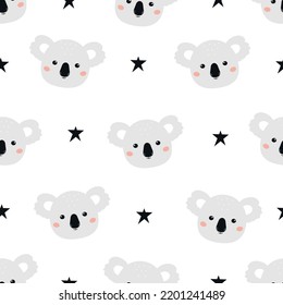 Cute koala seamless pattern. Cartoon koala and stars on a white background. Funny kids print. Nursery design for fabric, packaging, baby shower.