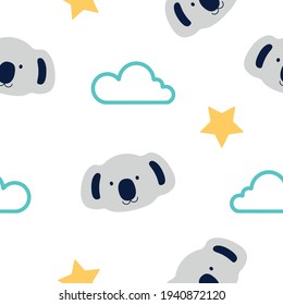 Cute Koala seamless pattern.
Koala, cloud, star vector print.Jungle background, vector illustration.